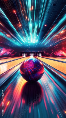 A dynamic bowling scene featuring a vibrant, glowing bowling ball rolling down a lane, capturing the excitement of a modern alley with colorful lights.