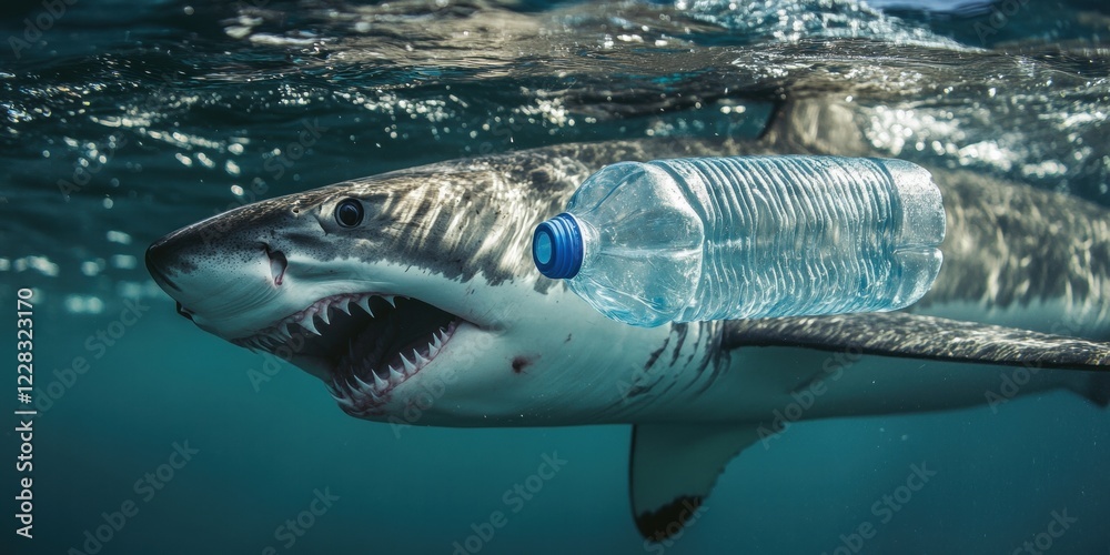 A striking underwater image of a shark with a plastic bottle, highlighting the urgent issue of marine pollution and its impact on wildlife. A striking underwater image of a shark with a plastic bottle, highlighting the urgent issue of marine pollution and its impact on wildlife.