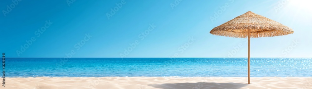 A serene beach scene featuring a straw umbrella on a golden sandy shore A serene beach scene featuring a straw umbrella on a golden sandy shore
