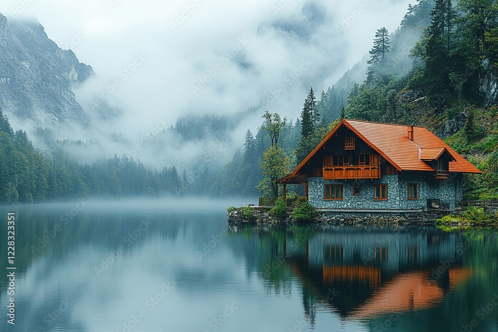 Fototapeta premium Cabin by lake, foggy mountains background, scenic landscape, possibly real estate, travel
