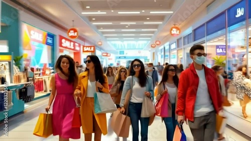 Time lapse footage capturing the energy of a crowded shopping mall during peak sale hours