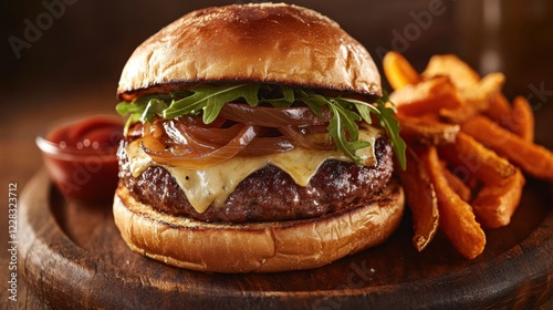 A gourmet burger with a juicy beef patty, melted Swiss cheese, caramelized onions