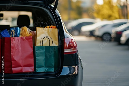 Family car trunk filled with shopping bags and supplies in mall parking area with copy space photo