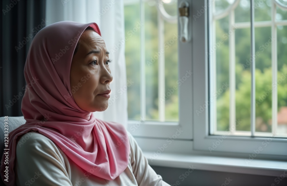 Asian woman sits indoors by window looking sadly outdoors. Wears pink headscarf. Cancer patient undergoing chemo. Hairless head displays illness effects. Appears unhappy, lonely. Indoor portrait Asian woman sits indoors by window looking sadly outdoors. Wears pink headscarf. Cancer patient undergoing chemo. Hairless head displays illness effects. Appears unhappy, lonely. Indoor portrait