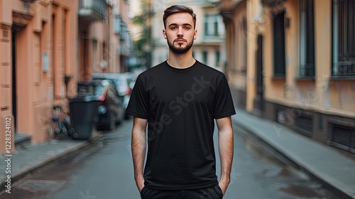 Man in black t-shirt standing city street, urban background, apparel mockup