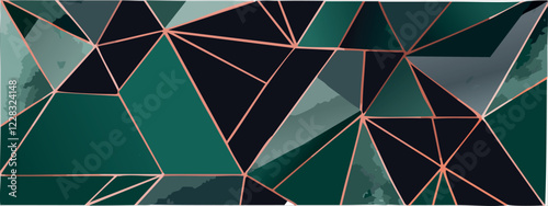 Geometric abstract luxury dark green-blue and gold background with triangles, watercolor style, vector wallpaper.