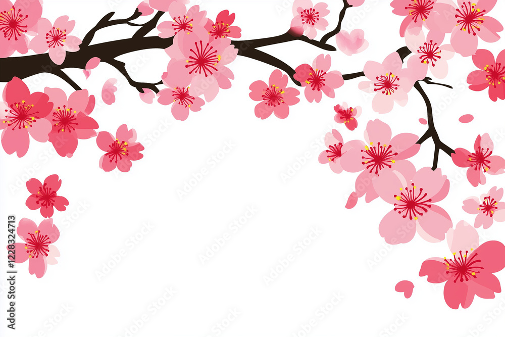Fototapeta premium Sakura branch with pink blossoms on minimalist white background
