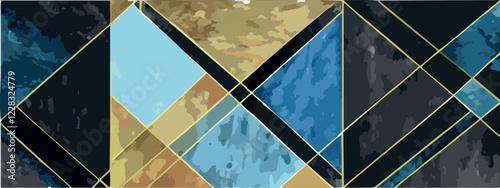Geometric abstract luxury blue and gold background with triangles, watercolor style, vector wallpaper.
