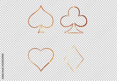 Elegant glowing golden card suits (spades, hearts, clubs, diamonds) with a transparent background, ideal for overlays, casino branding, and premium creative projects photo