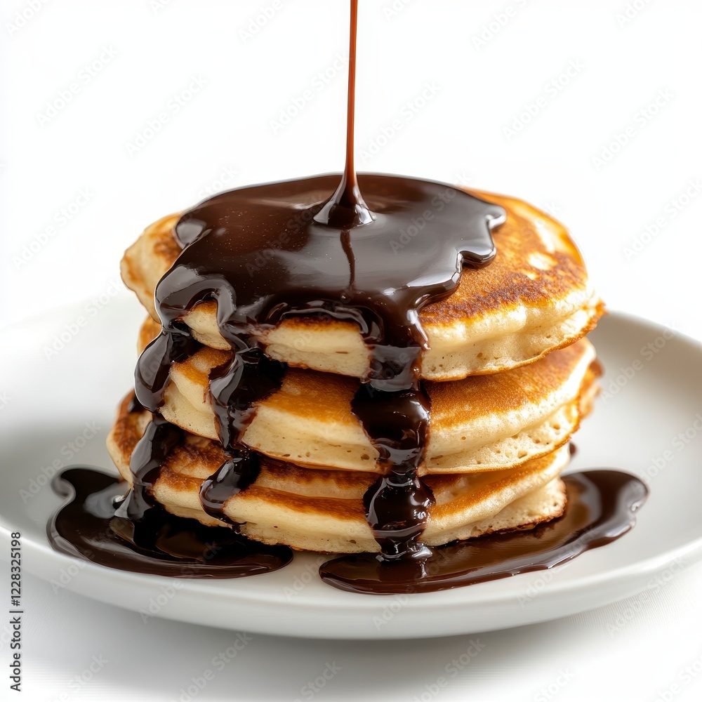 Obraz Delicious pancakes topped with rich chocolate sauce, inviting breakfast scene on a clean white backdrop, perfect for culinary inspiration