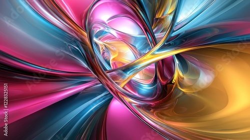 Abstract swirling metallic shapes, vibrant pink, blue, gold hues, digital background, website design