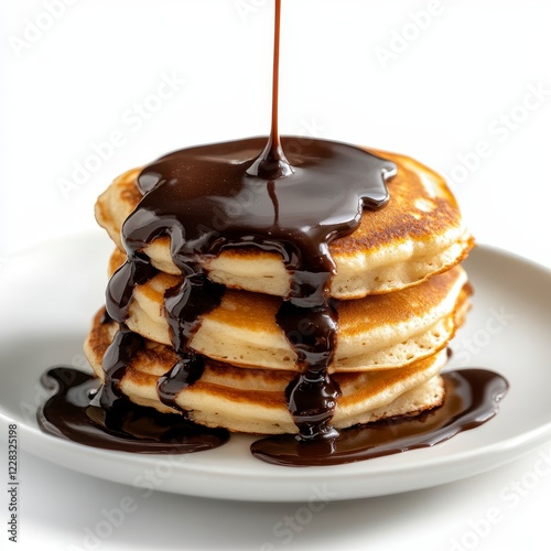 Delicious pancakes topped with rich chocolate sauce, inviting breakfast scene on a clean white backdrop, perfect for culinary inspiration