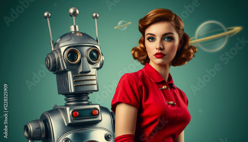 Vintage depiction of a 1950s-styled woman with a metallic retro robot, set in a space-themed background featuring planets and a timeless futuristic aesthetic