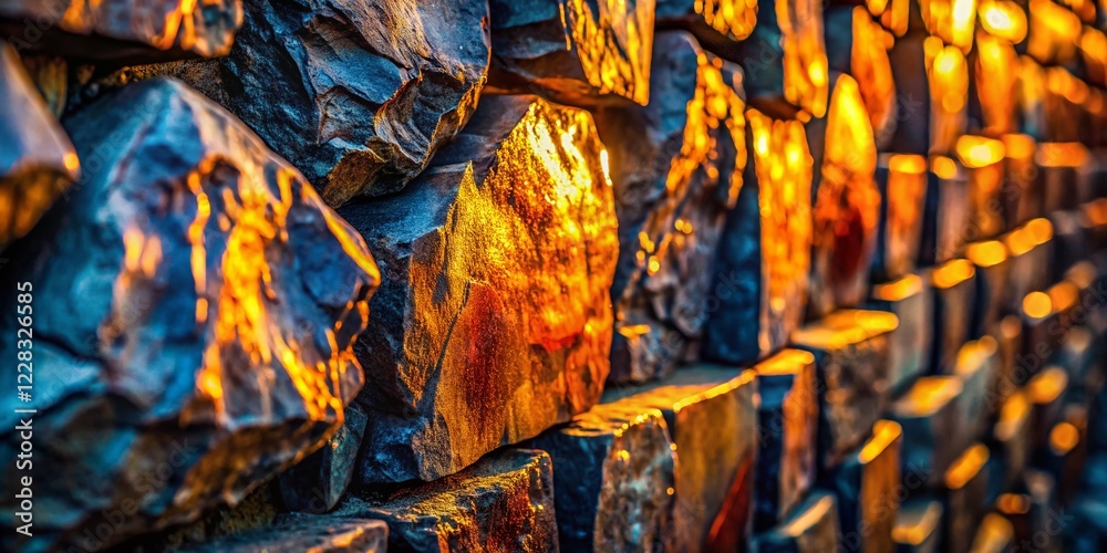 Rugged Stone Wall with Metallic Reflections: Dramatic Architectural Background Rugged Stone Wall with Metallic Reflections: Dramatic Architectural Background