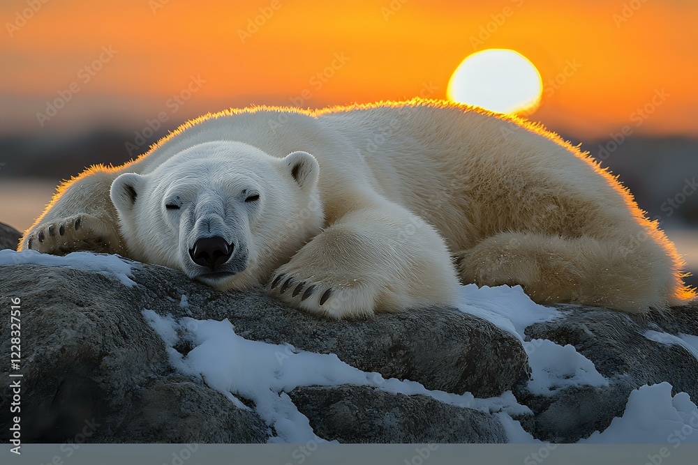 Polar bear resting on snowy rocks during arctic sunset with glowing orange sky and full sun creating backlit silhouette effect on white fur. Polar bear resting on snowy rocks during arctic sunset with glowing orange sky and full sun creating backlit silhouette effect on white fur.