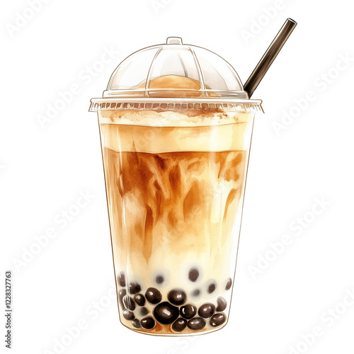 Isolated on white of a tall glass of Taiwan milk tea layers of creamy brown tea ,milk, topped with  dome-shaped lid with straw inserted , glossy black pearl tapioca bubble in bottom , watercolor style photo