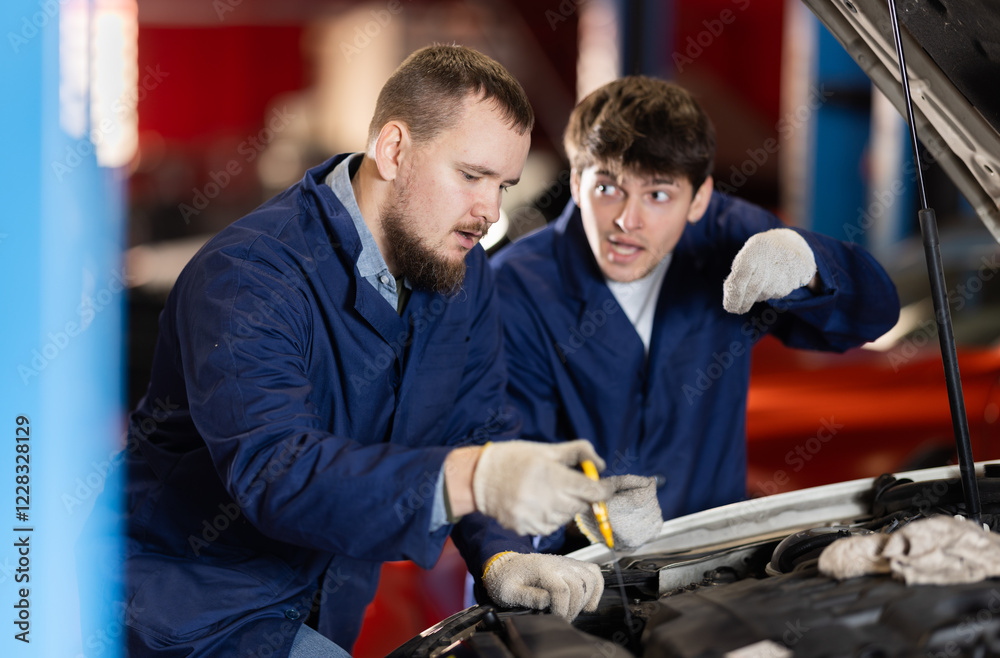Professional mechanics have opened the hood and are checking the oil and engine of the car Professional mechanics have opened the hood and are checking the oil and engine of the car