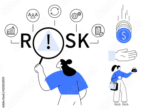 Woman examines Risk with a magnifying glass, surrounded by icons of people, gears, charts, documents. Ideal for business risk, analysis, management strategies, finance decision-making safety