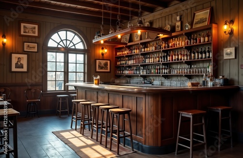 Empty rustic western saloon interior. Wooden bar with empty stools. Shelves of liquor bottles. Large window looks outside. Calm and quiet. Nostalgic atmosphere. Timelessly vintage design.