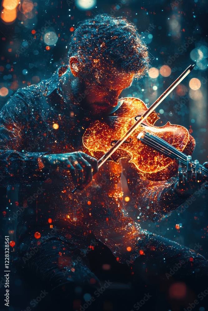 Fototapeta premium Vibrant musician plays violin surrounded by a cosmic light display during a magical nighttime performance