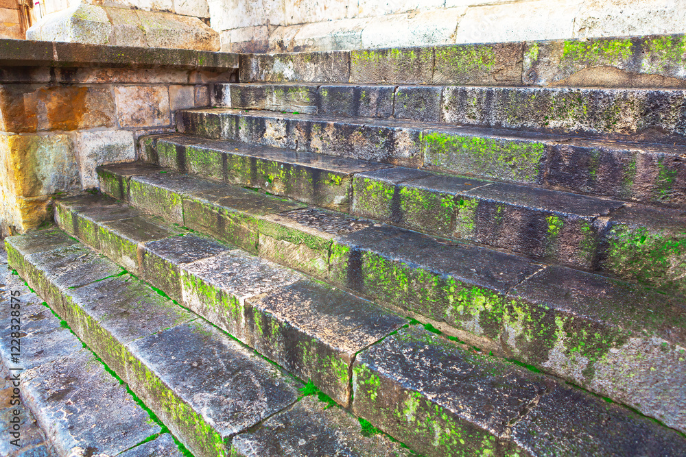 Old stone steps heavily covered in green moss, suggesting they have been exposed to moisture and the elements for a long time. Weathered steps are part of an ancient or historical structure