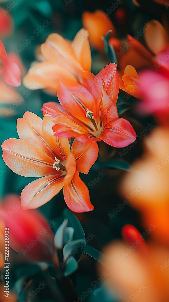 Close-up photo of orange and pink lilies with a blurry background, capturing the delicate beauty of the flowers in a soft and vibrant style. Generative AI Close-up photo of orange and pink lilies with a blurry background, capturing the delicate beauty of the flowers in a soft and vibrant style. Generative AI