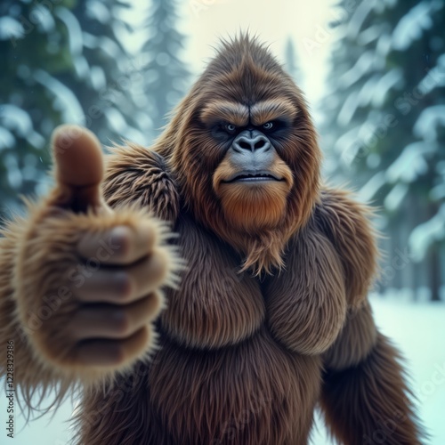 Sasquatch gives thumbs up in snowy forest. Mythical creature poses in winter wilderness. Friendly yeti shows approval in nature. Animal gives positive affirmation. Elusive creature in wildlife scene.