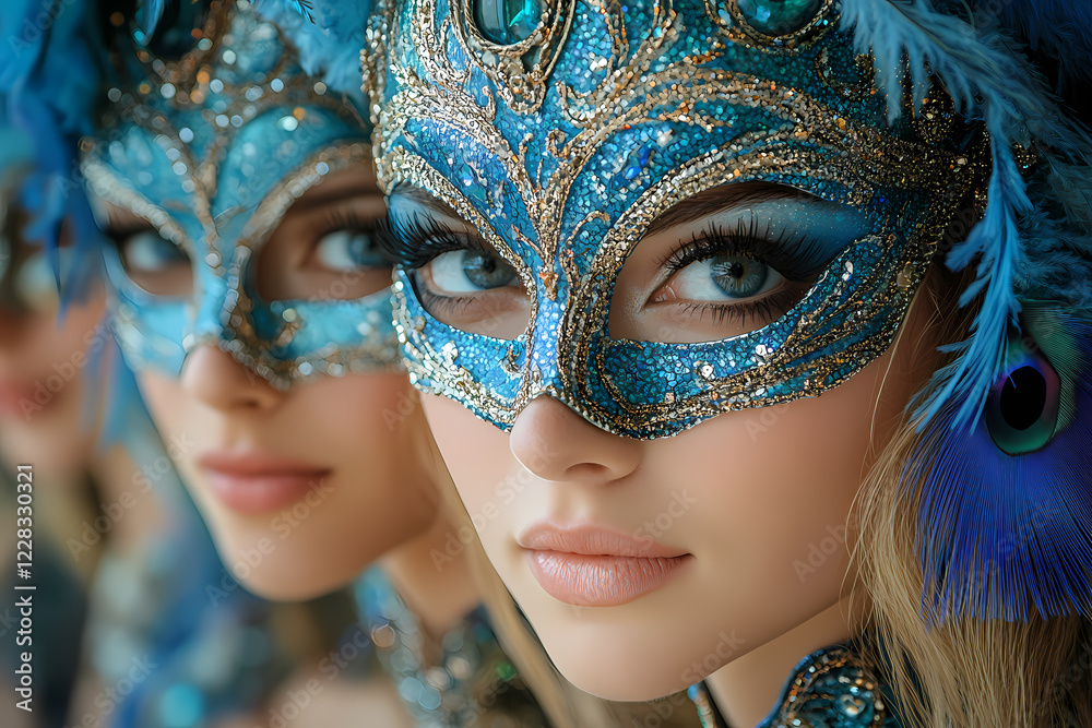 Vibrant carnival scene with colorful masks and feathers, creating a festive and lively atmosphere Vibrant carnival scene with colorful masks and feathers, creating a festive and lively atmosphere