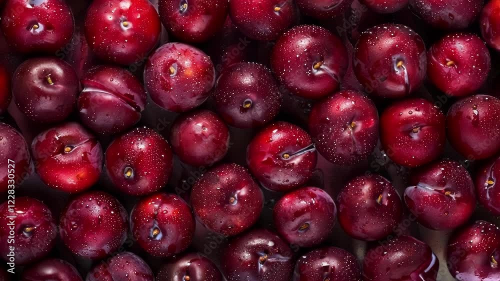 Fresh red plums in a pattern with water drops, looking juicy and delicious Fresh red plums in a pattern with water drops, looking juicy and delicious