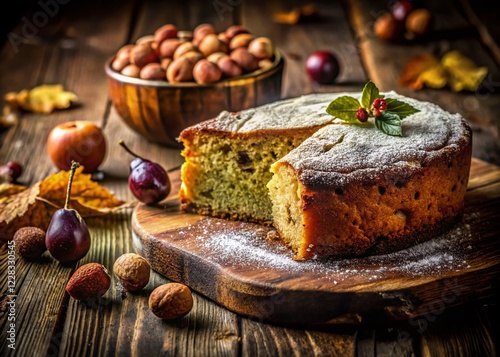 Rustic Tuscan Castagnaccio Cake, Chestnut Flour Dessert, Traditional Italian Sweet Treat, Homemade Recipe, Autumnal Food Photography photo