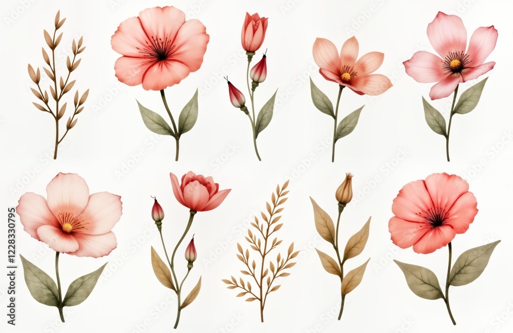 Fototapeta premium Watercolor illustration of various flowers, plants with muted colors on white background. Delicate blossoms in shades of pink, peach. Floral elements include flowers buds, leaves. Suitable for prints