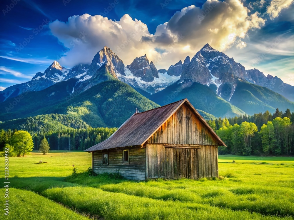 Rustic Wooden Barn in Mountain Meadow - Idyllic Countryside Landscape Rustic Wooden Barn in Mountain Meadow - Idyllic Countryside Landscape