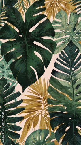 a mesmerizing repeating pattern of lush, vibrant tropical leaves in shades of emerald, lime, mint, and olive green, subtly accented with warm, sun-kissed hints of gold, set against a gentle