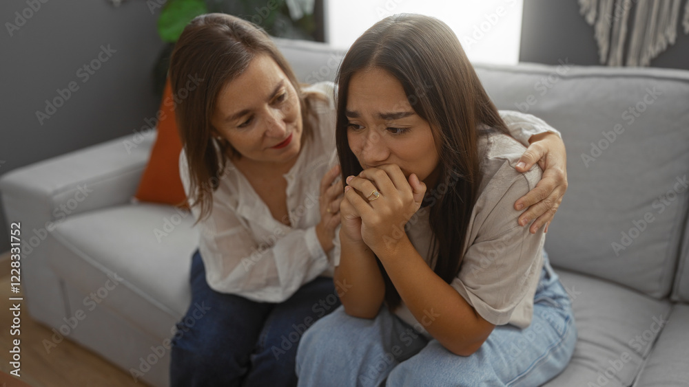 Woman comforting upset daughter on sofa in living room showing family, love, and support at home, highlighting adult, people, and interior setting in apartment. Woman comforting upset daughter on sofa in living room showing family, love, and support at home, highlighting adult, people, and interior setting in apartment.