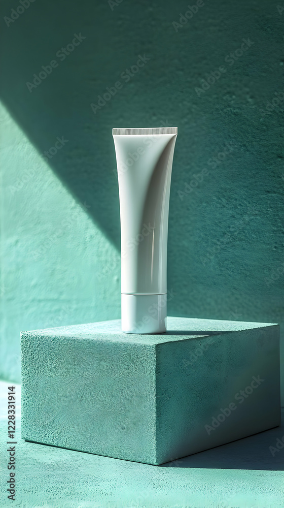 White Cosmetic Tube on Teal Cube, Minimal Product Photography White Cosmetic Tube on Teal Cube, Minimal Product Photography