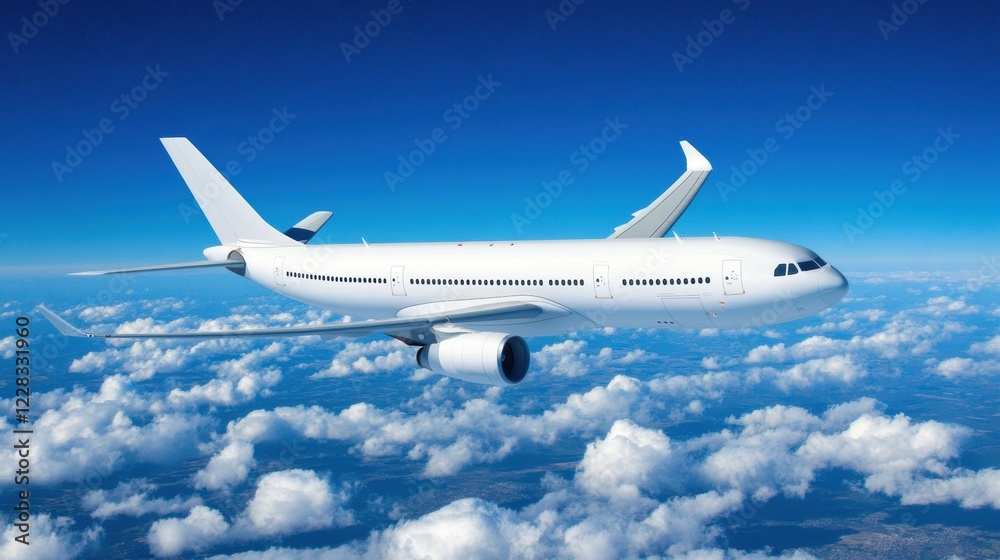 Obraz premium Aircraft flying high above fluffy clouds in a clear blue sky during midday. Generative AI
