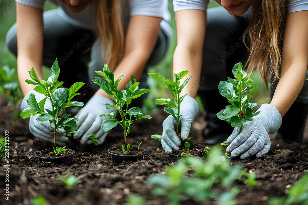 Diverse group of volunteers planting saplings in a community park, promoting eco-friendly practices and environmental conservation