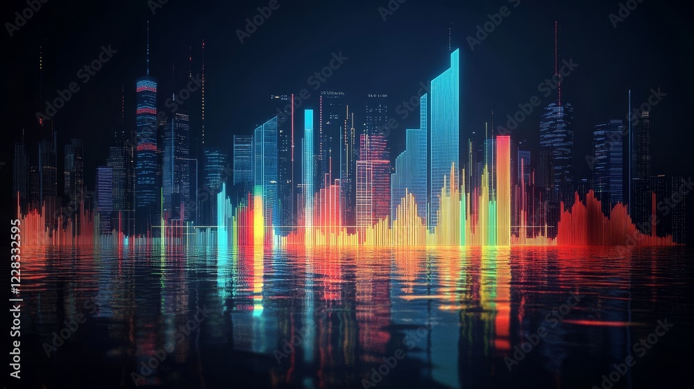 Nighttime View of a Modern Urban Skyline, A Representation of Business and Architecture Through Neon Highlights Nighttime View of a Modern Urban Skyline, A Representation of Business and Architecture Through Neon Highlights