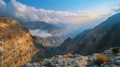 Clouds drifting lazily above a serene canyon carved into the uae mountains, landscape, uae. Serene Canyon. Illustration