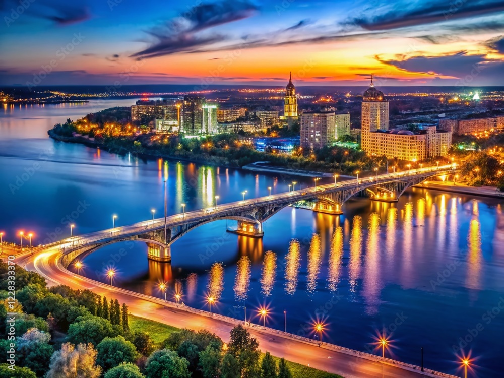 Samara Russia Night Cityscape, Illuminated Volga River, Modern Architecture, Night Photography Samara Russia Night Cityscape, Illuminated Volga River, Modern Architecture, Night Photography