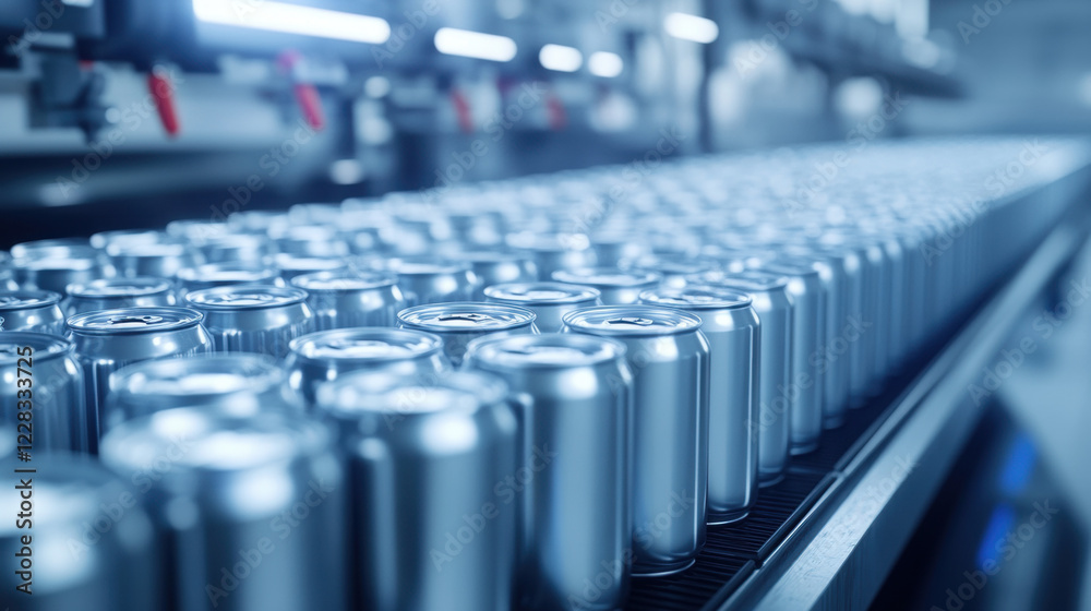 Obraz premium Canned tuna factory, A detailed image showcasing the process of cans being loaded onto a machine, emphasizing high fidelity and realism in the scene.