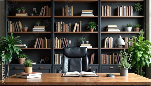 Professional office workspace. Modern desk setup. Bookshelves filled with books. Black leather chair. Wooden desk. Plants add touch of nature. Empty desk, great for zoom background. Ideal for photo