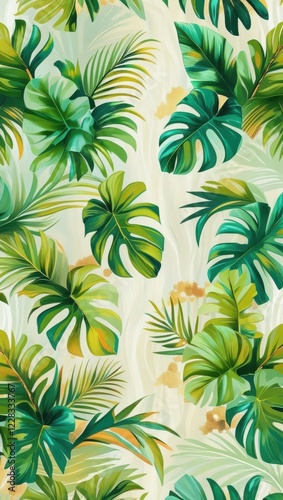 a mesmerizing repeating pattern of lush, vibrant tropical leaves in shades of emerald, lime, mint, and olive green, subtly accented with warm, sun-kissed hints of gold, set against a gentle