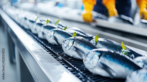 Canned tuna factory, A worker loads fresh tuna onto a conveyor belt in a high-fidelity stock image, showcasing seafood processing in action.
