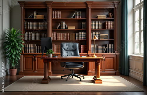 Empty law office interior. Wooden desk, bookcase in background. Black leather chair sits in front of desk. Sunlit room. Pro space. Potential for attorney lawyer office boardroom. Elegant style. Empty