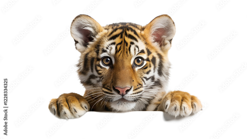 Obraz premium curious baby tiger peering over the edge of blank background