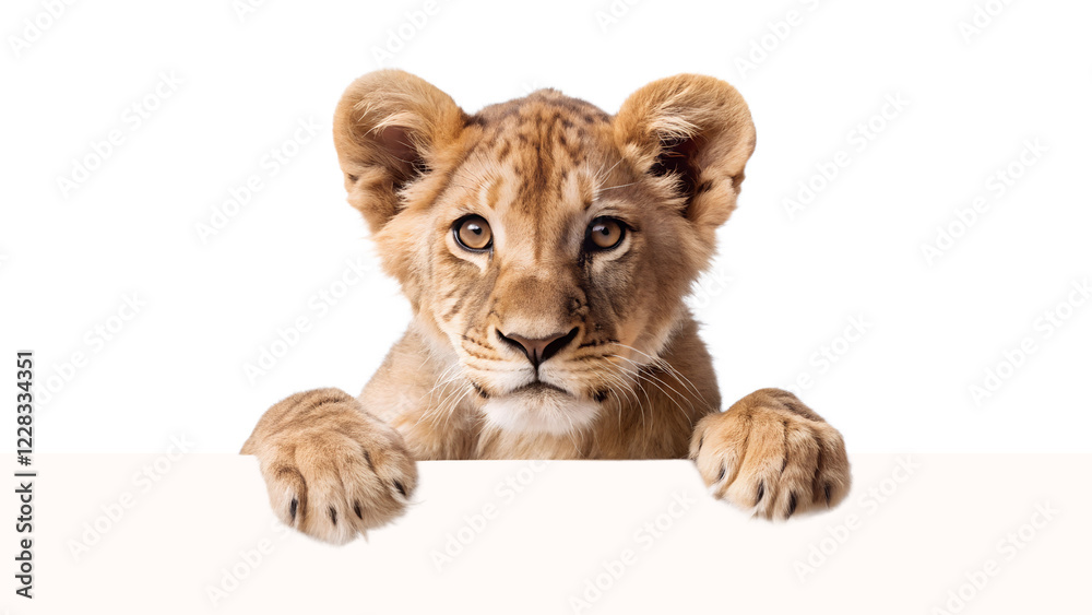 Obraz premium curious baby lion peering over the edge of blank background