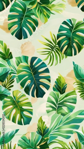 a mesmerizing repeating pattern of lush, vibrant tropical leaves in shades of emerald, lime, mint, and olive green, subtly accented with warm, sun-kissed hints of gold, set against a gentle