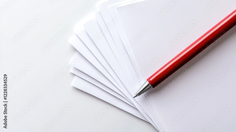 Stack of white paper sheets with red pen Stack of white paper sheets with red pen