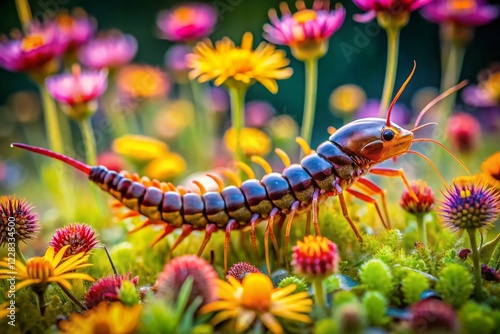 Scolopendra morsitans Centipede Hunting Cricket in Wildflower - Long Exposure Macro Photography photo